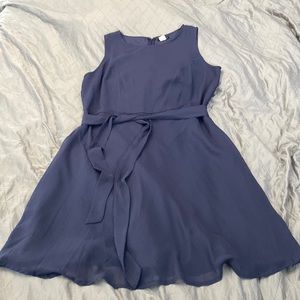 Dusty blue dress with belt.